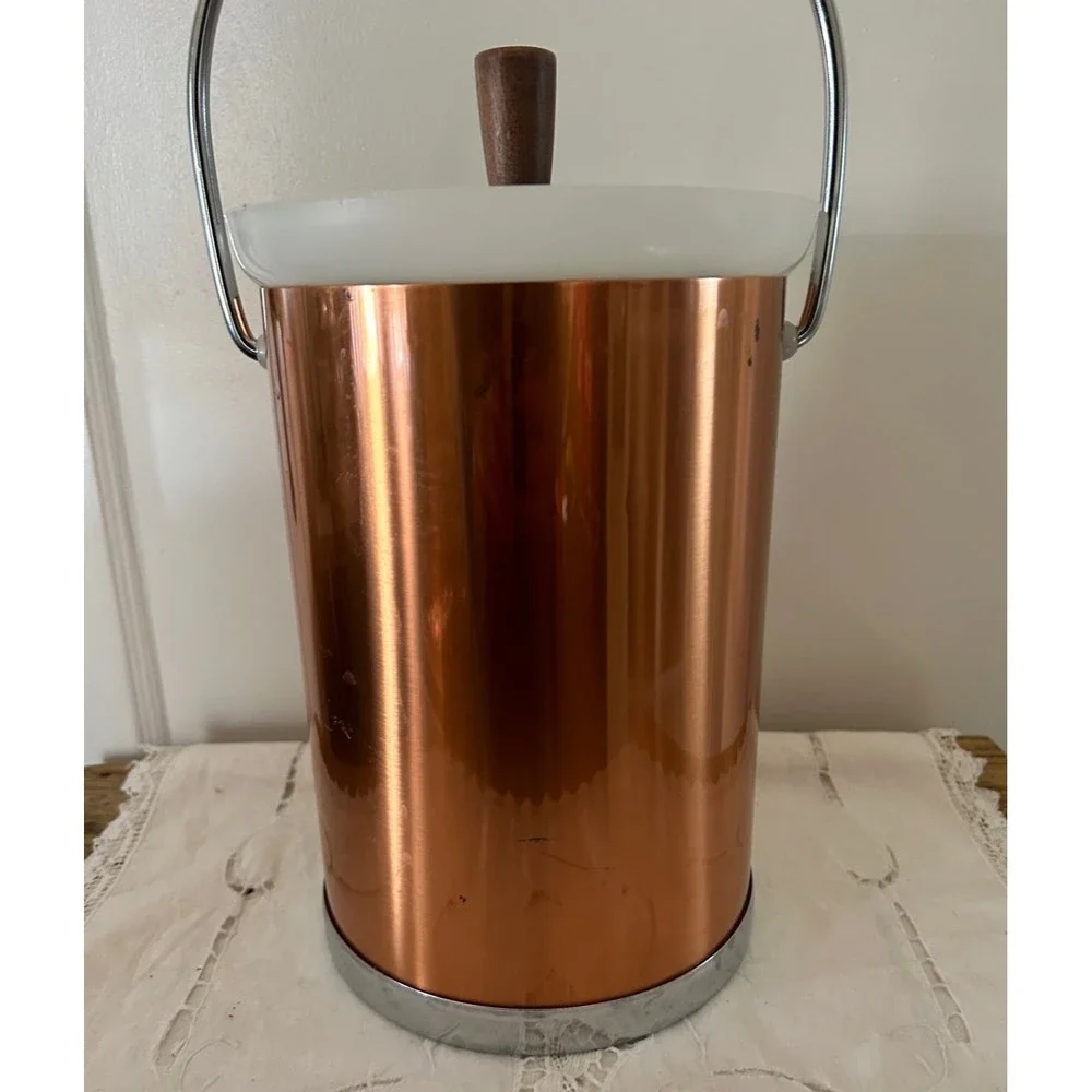 Vintage Kromex MCM Copper Color and Chrome with Wood Ice Bucket Barware